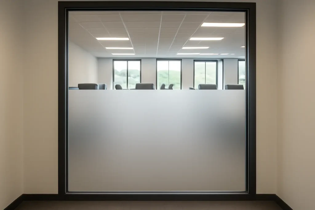 Effen melkglasfolie op het onderste gedeelte van een raam van een kantoor voor privacy en zichtbaarheid.