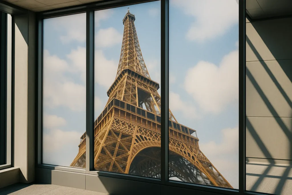 Melkglasfolie met een full color fotoprint van de Eiffeltoren op de ramen van een kantoorruimte.