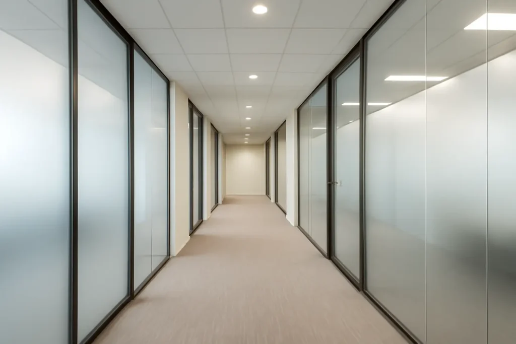 Effen melkglasfolie op hoge ramen in de gang van een kantoorpand