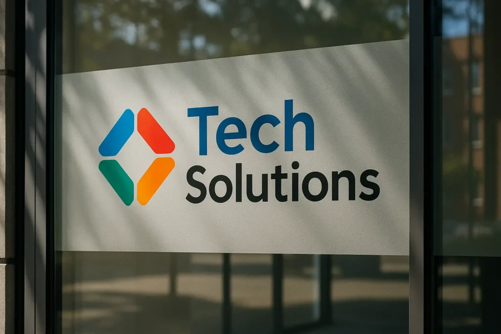 Melkglasfolie met full color logo op het raam van een kantoor, voor privacy en herkenbaarheid.