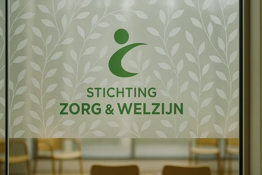 Melkglasfolie met een patroon en kleurlogo op een raam van de wachtkamer in een zorginstelling.