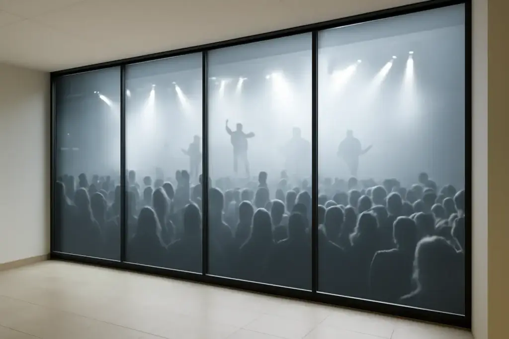 Melkglasfolie met een zwart wit foto print van een concert op de ramen van een kantoor.