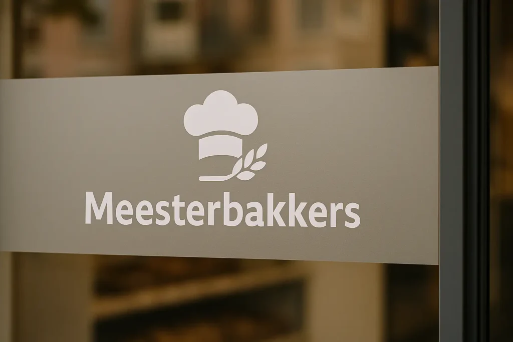 Melkglasfolie met een wit logo op het raam van een winkel.