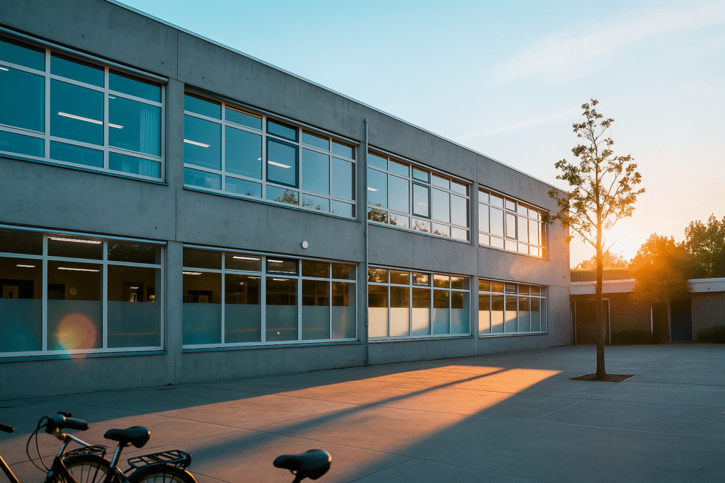 ramen van een schoolgebouw met effen melkglasfolie