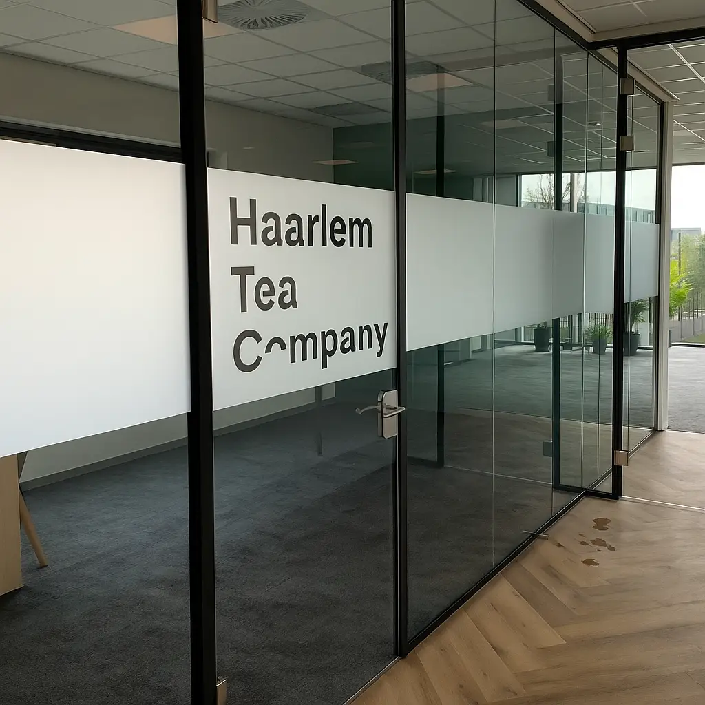 kantoorramen met melkglasfolie met uitgesneden logo