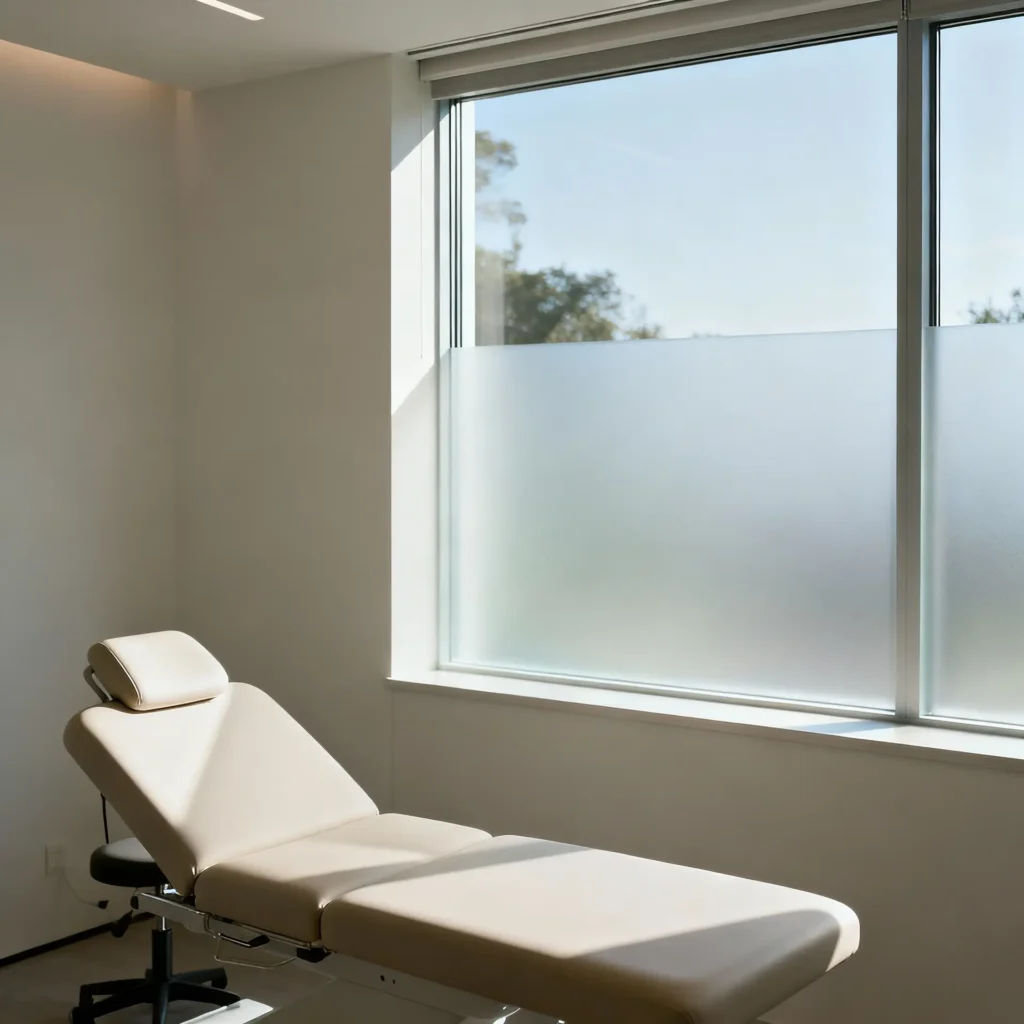 ramen van een praktijkruimte met effen melkglasfolie