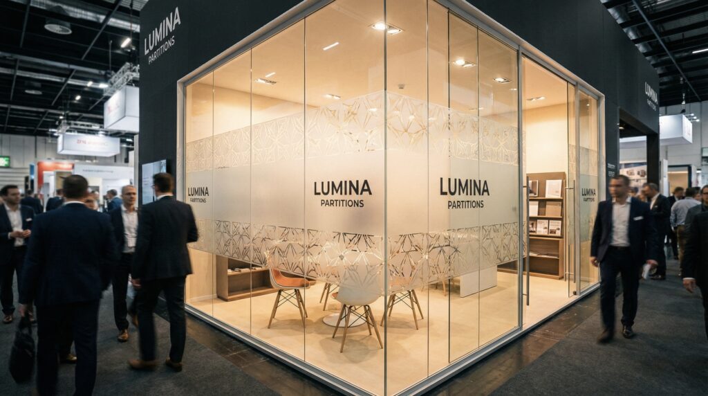 Beurs met ramen voorzien van tijdelijke melkglasfolie met print en logo